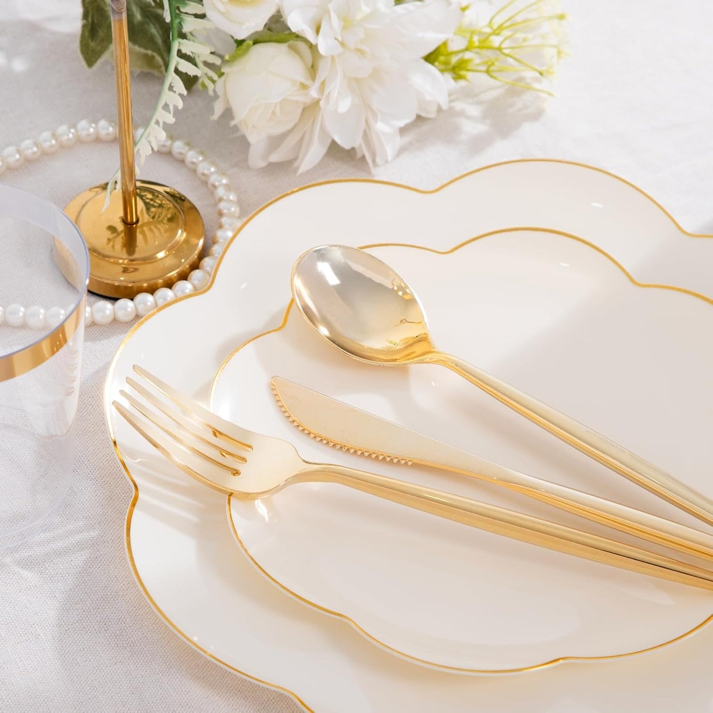 EI 180pcs Beige Plastic Plates with Gold Plastic Silverware,Heavy-Duty Disposable Plates for Party,Beige Dinnerware Set for 30 Guest Wedding,Birthday