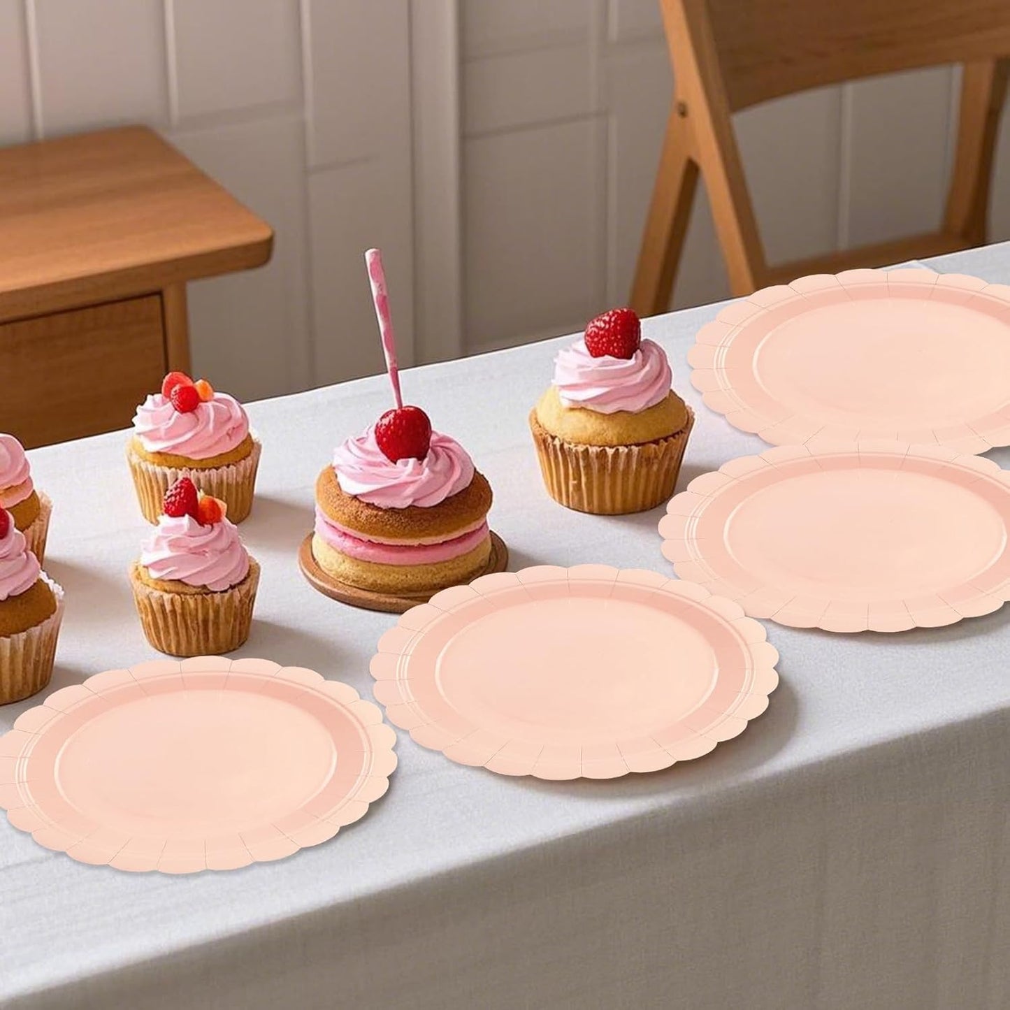 50Pcs Pink Paper Plates-7 Inch Solid Color Scalloped Disposable Birthday Dinnerware Set Disposable Dinner Party Supplies for Wedding Baby Shower Fall Pininc Birthday Table Decor