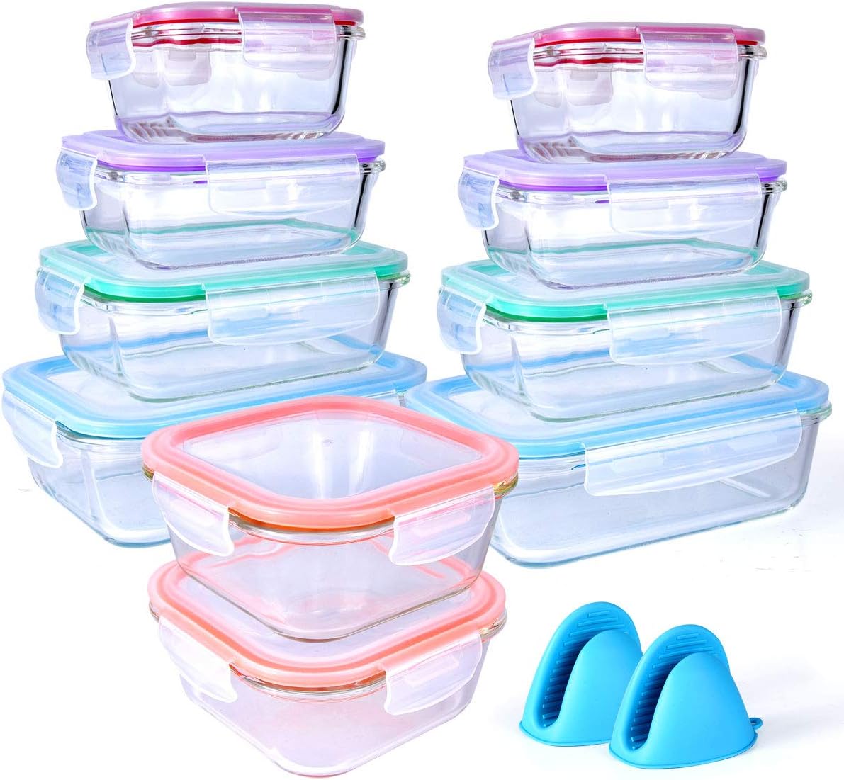 20 Pc Glass Food Storage Containers with Snap Lock Lids, Airtight & Leakproof, Bonus 2 Oven Silicone Gloves, Safe for Dishwasher, Oven, Microwave,Freezer, BPA Free