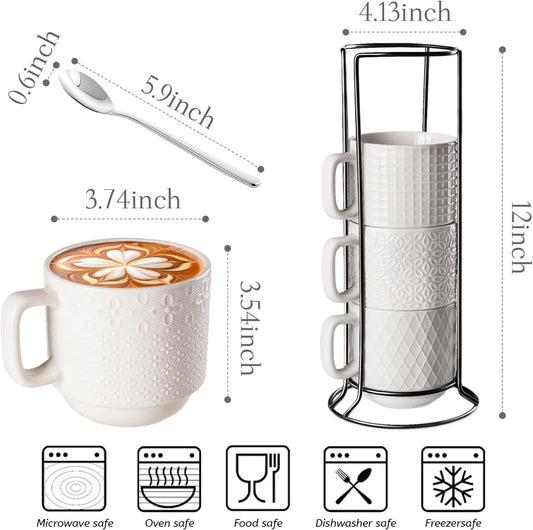 Large Coffee Mug Set of 4 with Stand and Spoons – 14oz Heavy Duty Ceramic Cups for Breakfast Coffee, Hot Drinks, Cocoa – Microwave & Dishwasher Safe – Big Porcelain Mugs Gift for Home Use