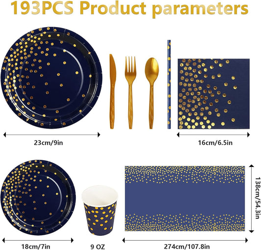 Paper Plates and Napkins Set, 193 Pieces Navy Blue Gold Party Supplies Includes Paper Plates Cups Napkins Straws and Cutlery for Birthday Wedding Holidays Parties Decorations-24 Guests