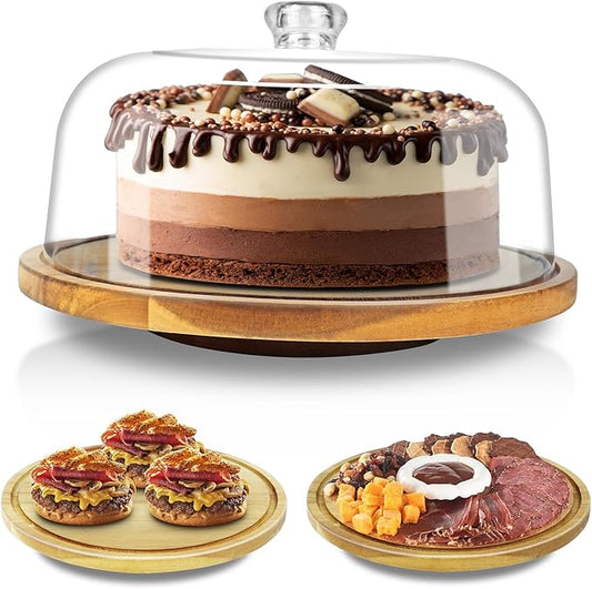 cutesun Wood Cake Stand with Lid, 12in Acacia Wood Cake Plate with Cover, Wooden Cake Display Stand with Acrylic Dome, Cake Holder Tray for Wedding Gift，Kitchen,Birthday,Parties,Baking Gifts
