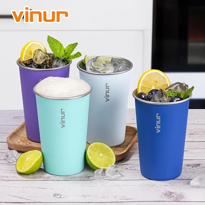 VINUR 4 Pack Stainless Steel Cups 16 oz Pint Tumbler Stackable Metal Drinking Glasses for Travel, Camping, Outdoors (Baby Blue-Navy-Teal-Purple)