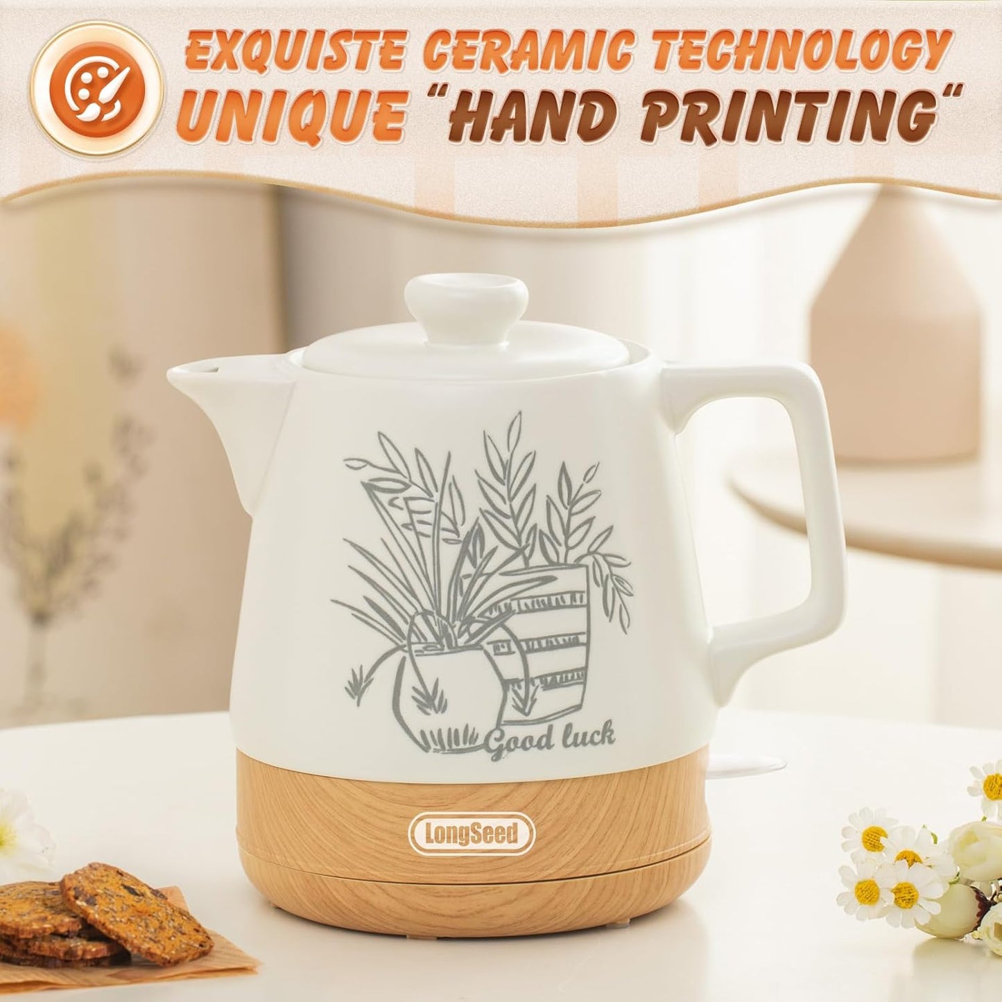 Ceramic Electric Kettle Pot 1 Liter, Teapot Rapid Boil For Coffee & Tea, Hot Water Boiler, Automatic Shut-Off, BPA-Free, Boil-Dry Protection, 1000W