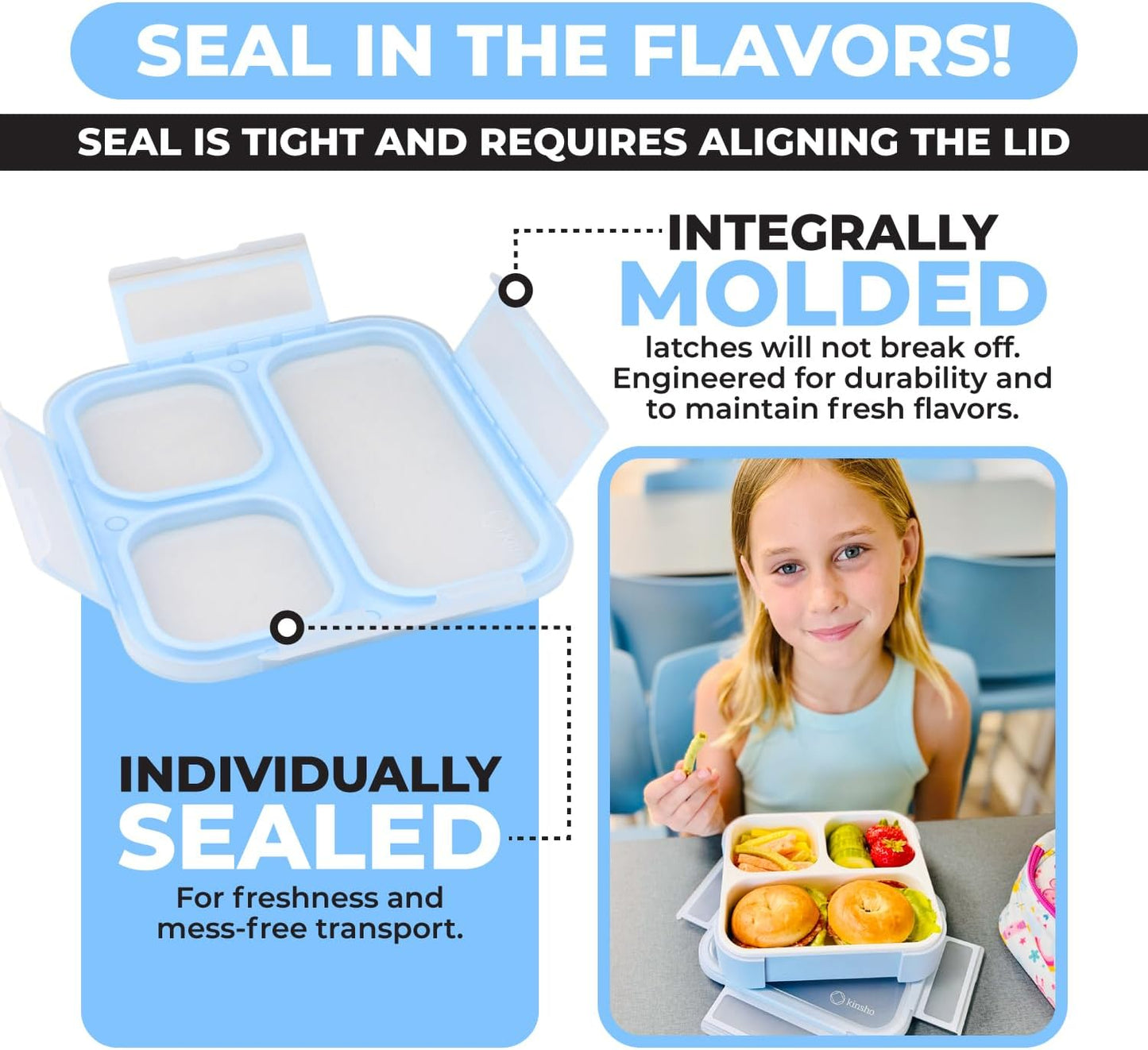 Medium Bento Box for Kids, Lunch-Box Snack Container for Boys Girls Toddler Baby Daycare Pre-School, Leakproof 3 Divider Containers for Lunches Snacks (Pastel Blue +Teal 2 pack)