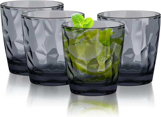 Topsky 10 oz Plastic Water Tumblers | Set of 4 Transparent Unbreakable Drinking Glasses Clear Acrylic Reusable Juice Wine Cups for Home Picnic Party, Dishwasher Safe, Stackable (Gray)
