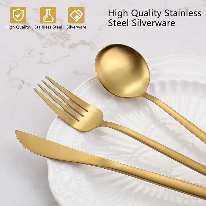 Matte Gold Silverware Set, VANVRO 40-Piece Stainless Steel Flatware Set, Satin Finish tableware Cutlery Set, Service for 8, Home and Restaurant, Dishwasher Safe