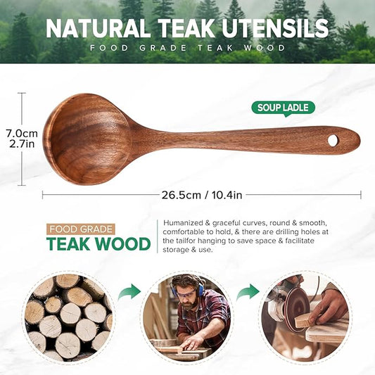 Wooden Soup Spoon for Cooking, Teak Acacia Soup Ladle, Non-Toxic Natural Wood Serving Spoon for Gravy Sauce Porridge, Long Handle Deep Scooper Server Utensil, No-Scratch Cookware Surface,10.6″