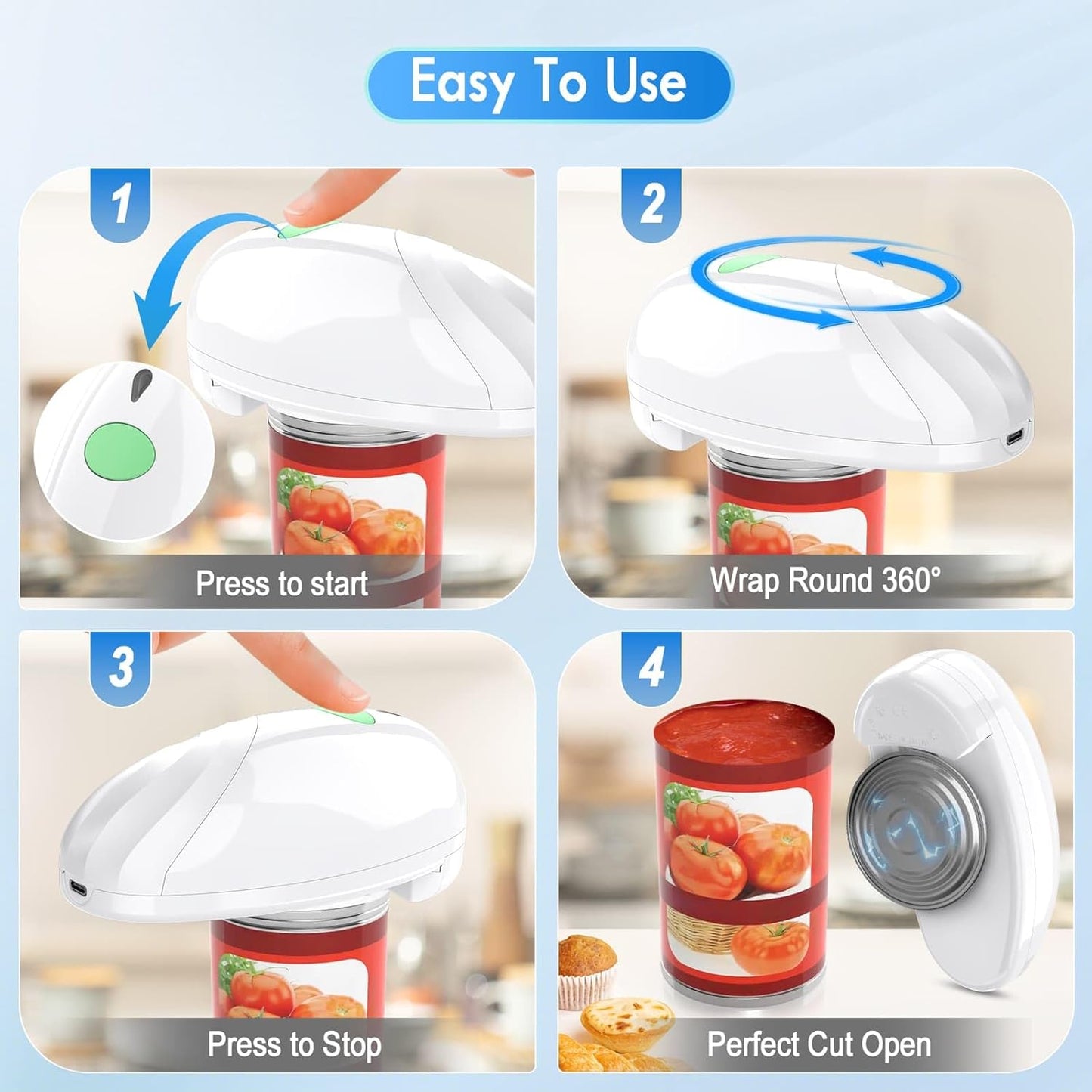 HuiJuKeJi Electric Can Opener, Rechargeable Automatic Can Opener for Seniors with Arthritis, One-Touch Hands-Free Can Opener for Almost Can Sizes, Smooth Edge & Food-Safe Kitchen Gadgets-White