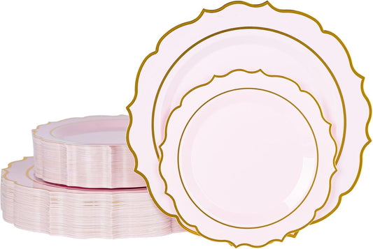 120PCS Pink Plastic Plates, Disposable Elegant Party Plate with Gold Rim, Heavy Duty 60 Dinner and 60 Dessert Fancy Plates for Party and Wedding