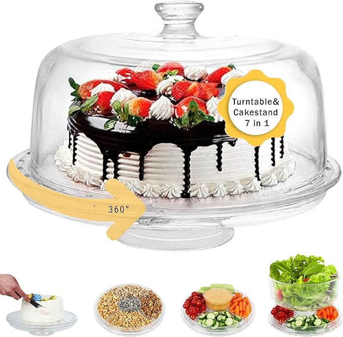 7 in 1 Rotating Multifunctional Acrylic Cake Stand with Lid & Cake Turntable for Decorating (12") - Turntable Decorating Kit Serving Salad Bowl/Veggie Platter/Punch Bowl/Desert Platter - BPA Free