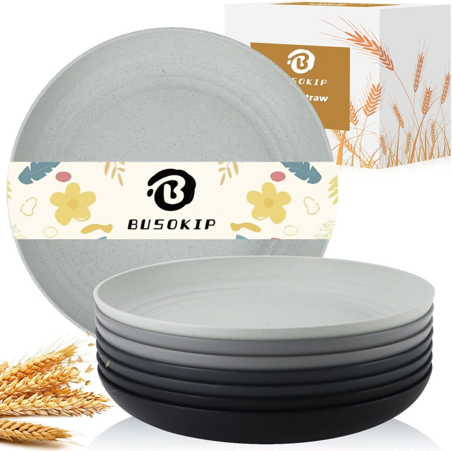 11 Inch Wheat Straw Plates - 8 Piece Set, Unbreakable Dinner Plates, Microwave Safe, Black & Grey