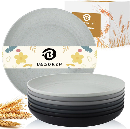 11 Inch Wheat Straw Plates - 8 Piece Set, Unbreakable Dinner Plates, Microwave Safe, Black & Grey