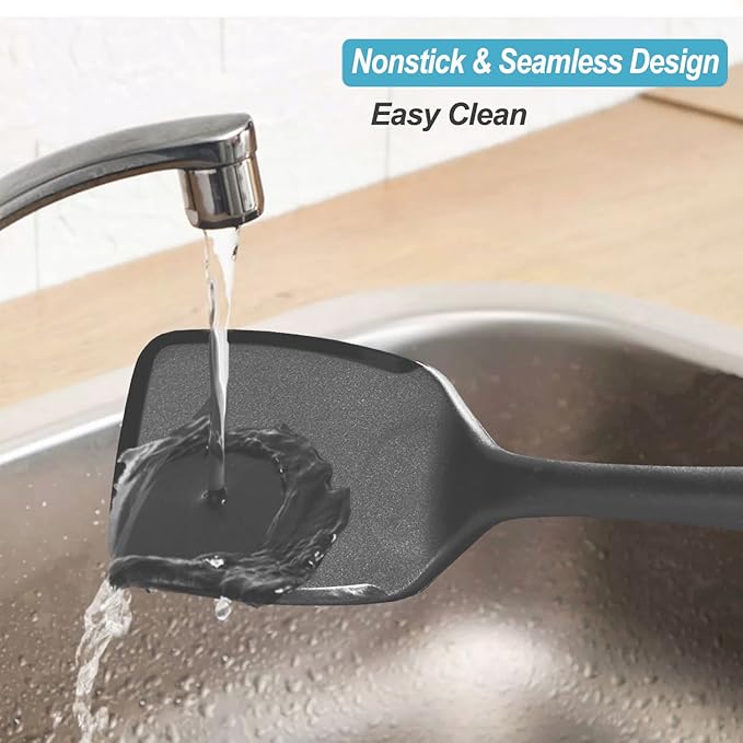 600˚F Heat Resistant Silicone Spatula Set, 13.6" Kitchen Spatula Turners for Non Stick Cookware, Flexible Spatulas with Thin Edges, Seamless Cooking Utensils for Fish, Eggs, Pancakes, BLACK