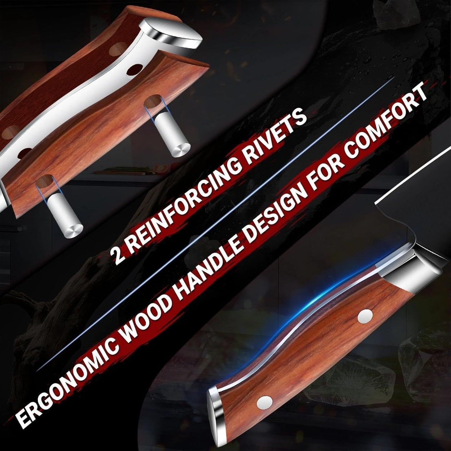 TIVOLI Chef Knife Set, Professional 3PC Kitchen Knife Set, High Carbon Steel Ultra Sharp Deep Cooking Knife Set with Ergonomic Wood Handle for Meat Vegetable Fruit, Dad Mom Gift