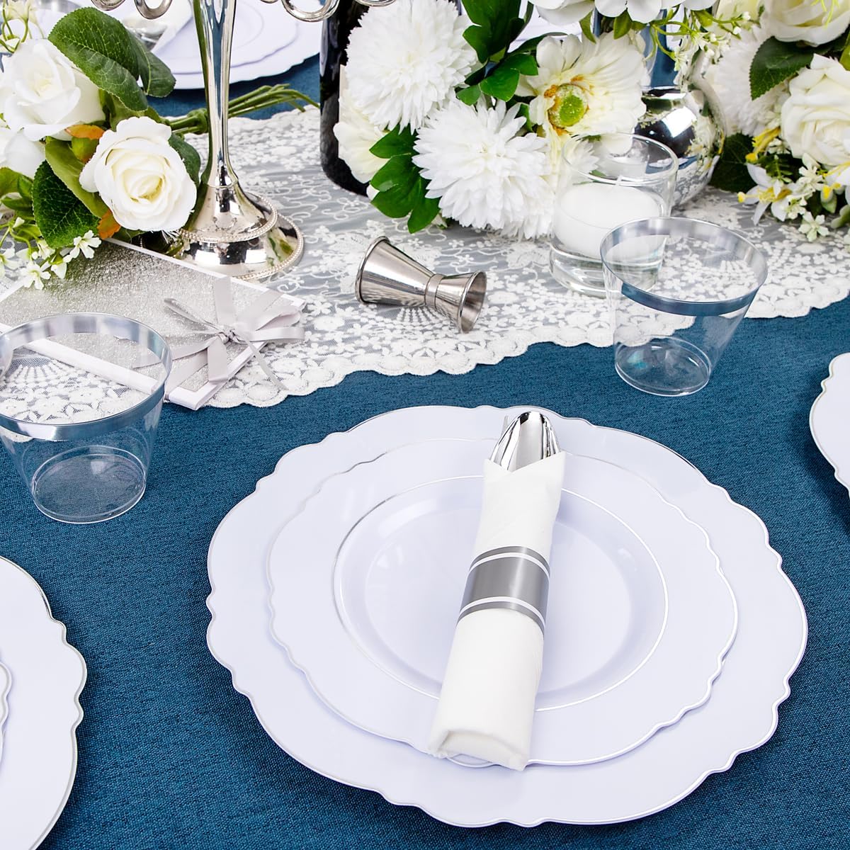 Liacere 350PCS Silver Plastic Plates-Disposable White and Silver Plates 50guest Baroque Plastic Dinnerware Set include 100Plates, 50Pack Pre Rolled Napkins with Silverware 50Cups Perfect for Christmas