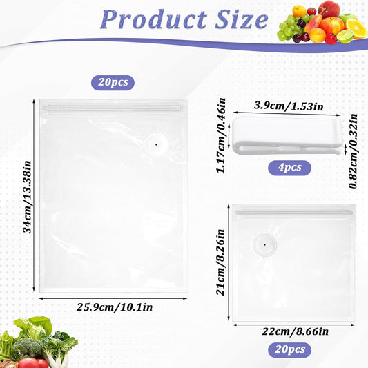 40 Packs Vacuum Sealer Bags Air Valve Vacuum Sealing Bags Vacuum Storage Seal Bag for Food Saver, Resealable Meal Bags with Air Valve with 4 Seal Clips