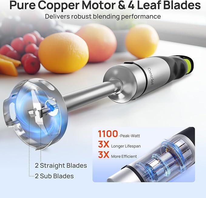 Consciot 10-in-1 Immersion Blender Handheld Max 1100W with Entire Stainless Steel Blender Shaft, Trigger Speed Control, 800ml Beaker, 600ml Chopper, Beaters, Frothers, Hooks, Masher, Whisk & 600ml Cup