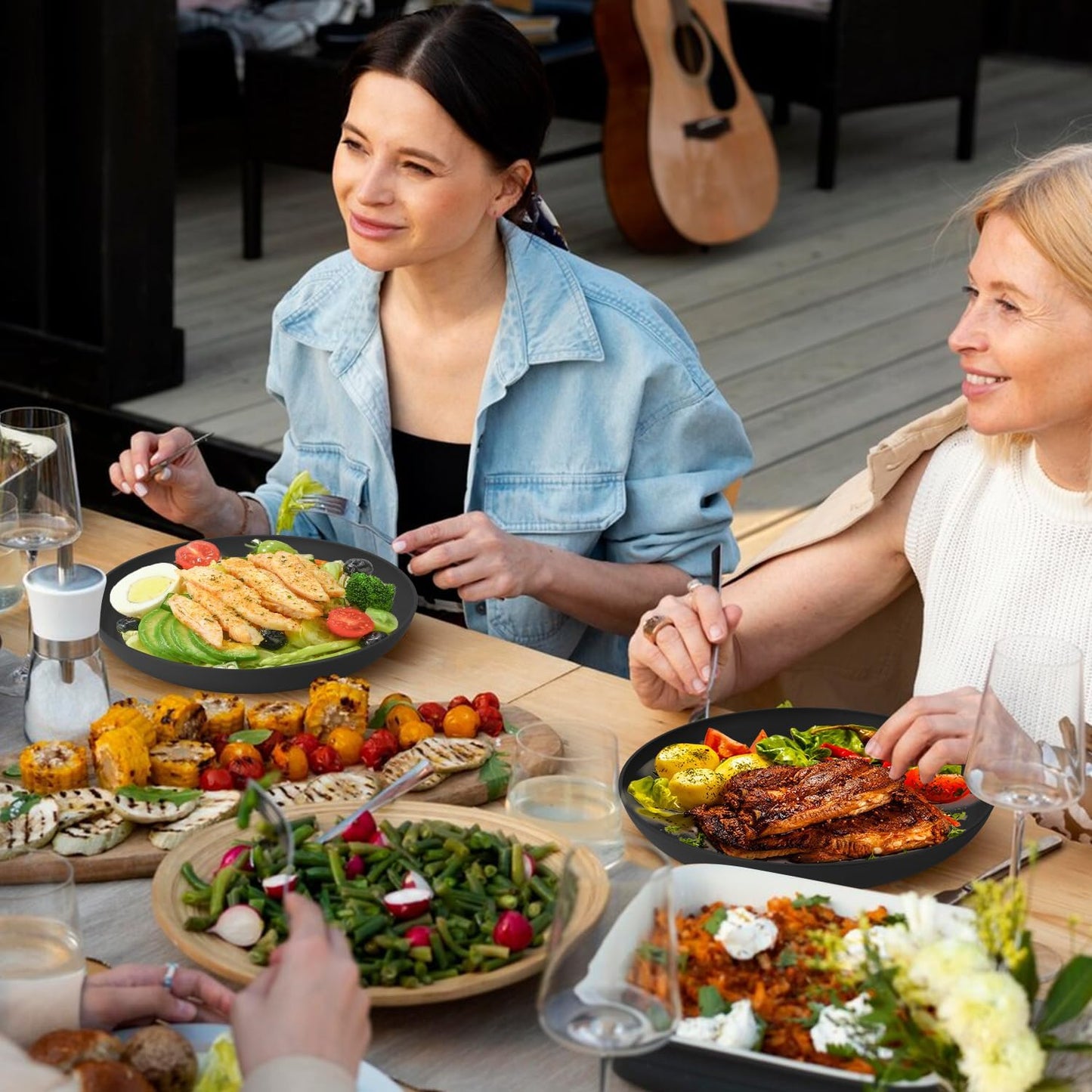 11 Inch Wheat Straw Plates - 8 Piece Set, Unbreakable Dinner Plates, Microwave Safe, Black & Grey