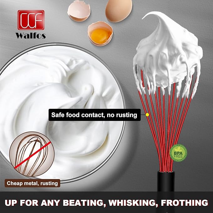 Walfos Whisk,7+9+11in Silicone whisk, BPA free Whisks for Cooking Non Scratch. Heat Resistant(480°F) Wisk. Perfect for Blending, Mixing, Beating etc.Dishwasher Safe.Set of 3 (Colorful)