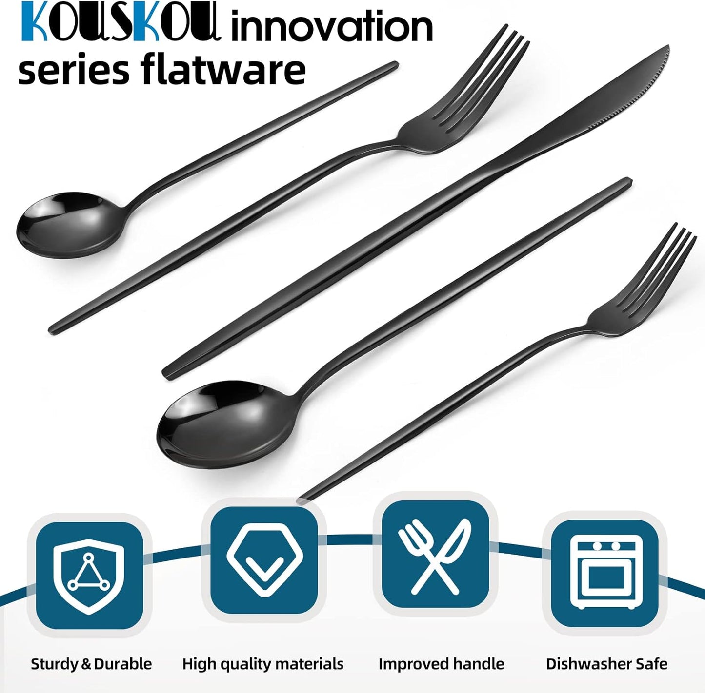 Mirror Black Silverware Set, 40-Piece Flatware Cutlery Sets Service for 8, Mirror Polished Tableware Set, Utensils for Kitchens, Home and Restaurant, Dishwasher Safe