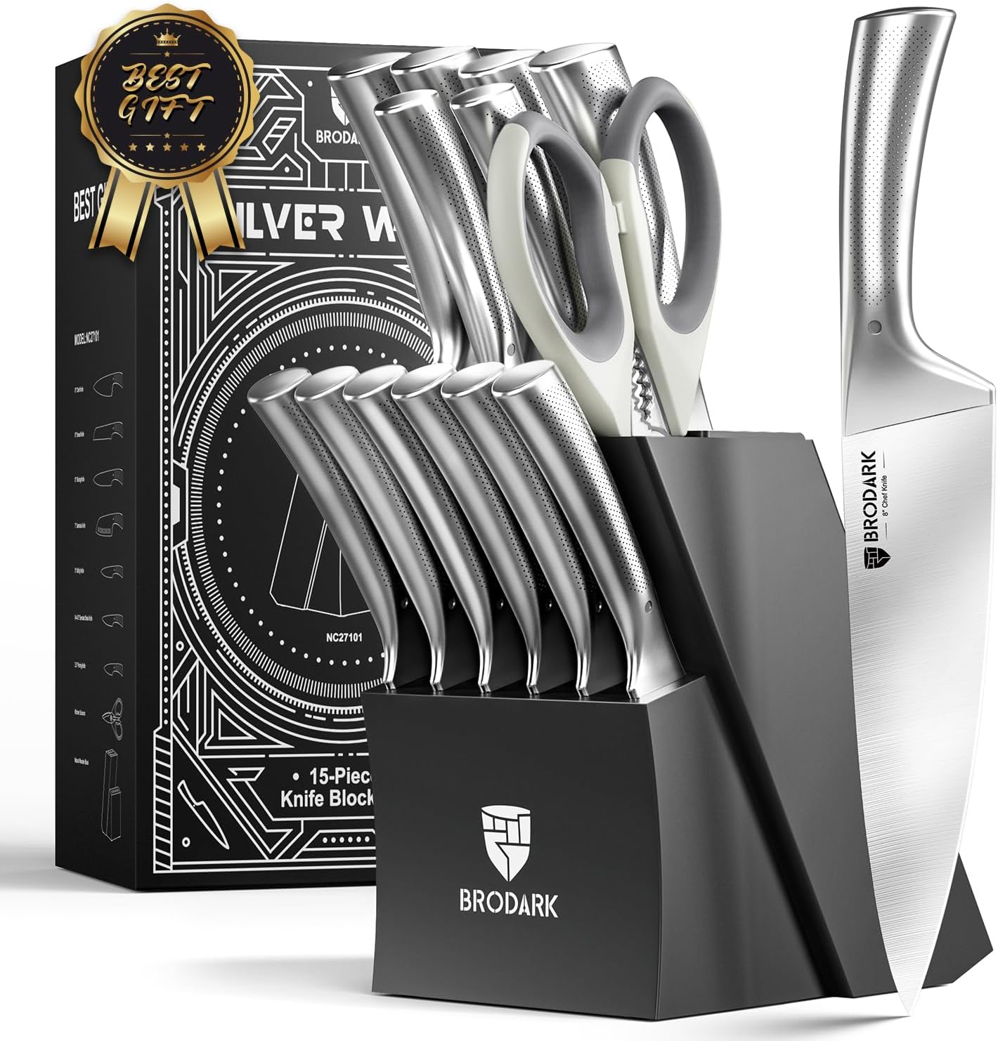 BRODARK Knife Block Set: Kitchen Knives Set with Block & Built-in Sharpener - 15 Pcs Ultra Sharp Chef knife – High Carbon Stainless Steel, Etched Handle – Ergonomic Non-Slip Grip, Silver Wolf Series