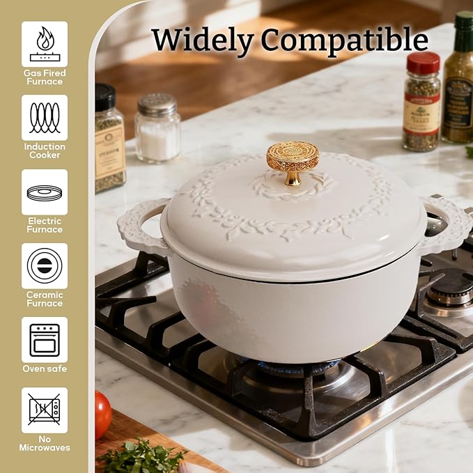 6 Quart Chip-resistant Enameled Cast Iron Dutch Oven Pot with Lid and Elegant Gold Hollow Knob With Handcrafted Inlaid Cubic Zirconia Detail, Safe For Bake,Stew, Braise, Boil, Deep Fry, Roast (White)