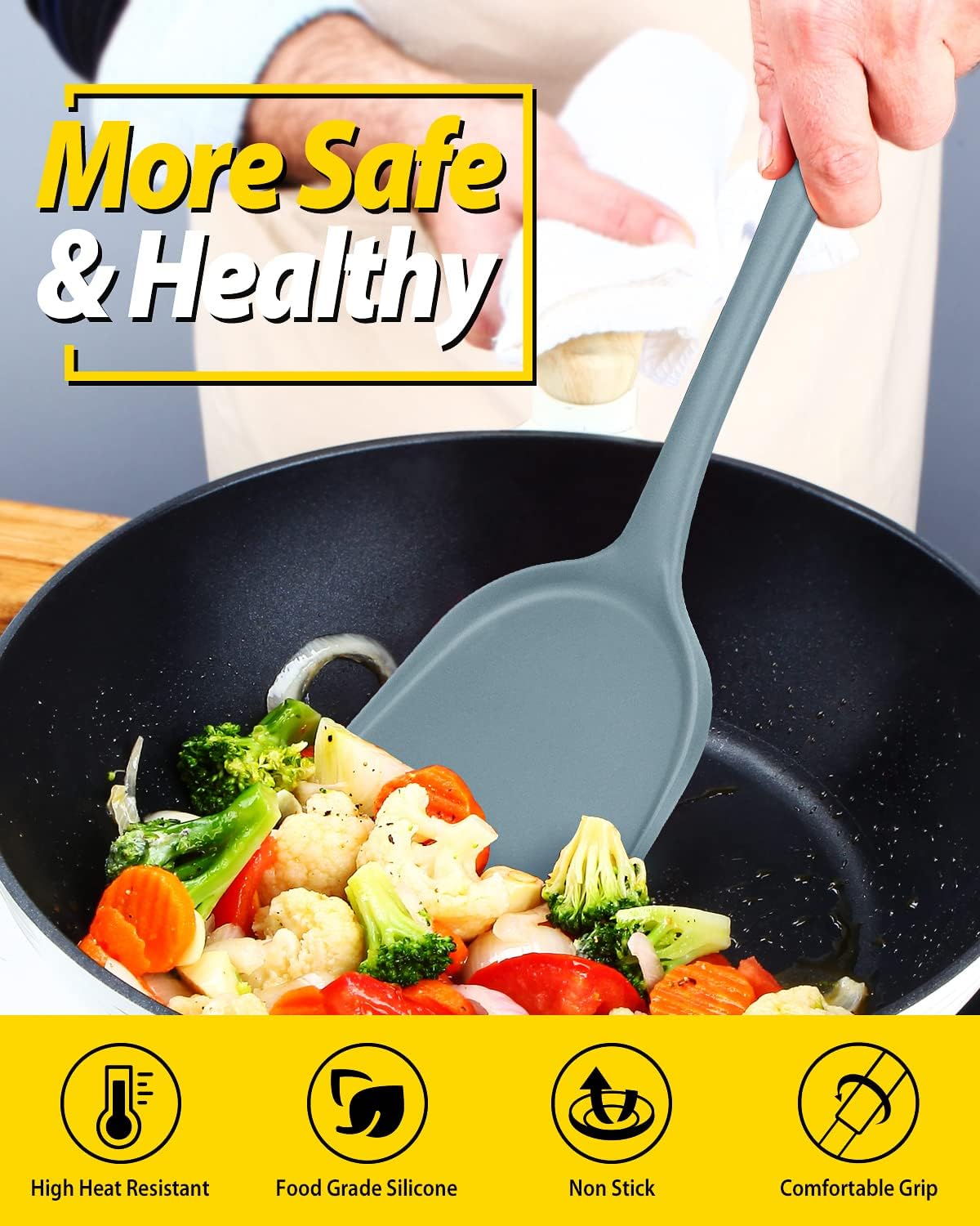 Pack of 2 Silicone Wok Spatula, Non-Stick, Heat Resistant, Easy to Clean and Dishwasher Safe, Seamless Kitchen Utensil for Cooking, Baking, Stir-Fry