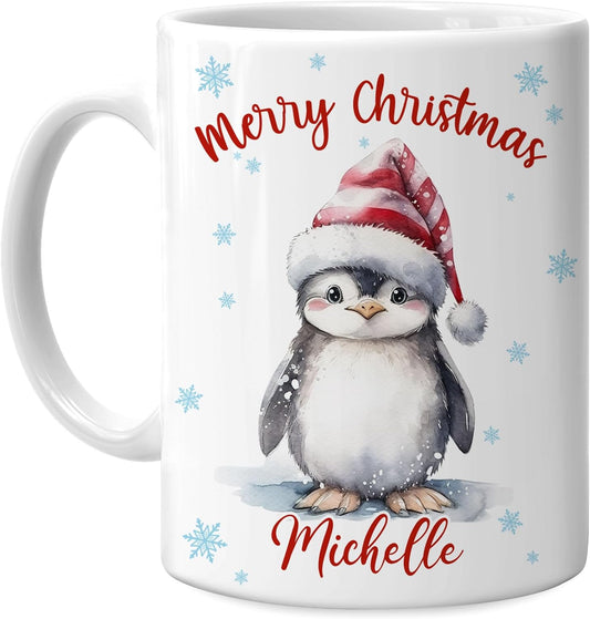Hyturtle Personalized Gifts Penguin Lover - Merry Christmas Customized Name Ceramic Coffee Mug Cup 11oz - Cute Sea Animal Lovers Gifts For Women, Girl kids Family On Birthday, Christmas