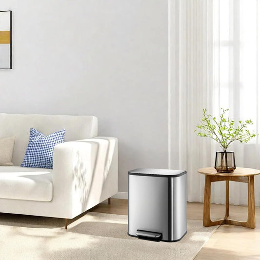 Trash Can with Lid, 5.3 Gallon Stainless Steel Garbage Bin for Kitchen, Rectangular Trash Can with Step-On Pedal and Inner Bucket for Home Office Bathroom Living Room (20 L, Silver)