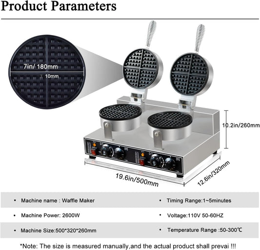 110V 2600W Commercial Double Waffle Maker,Non-Stick Commercial Waffle Baker,Stainless Steel Belgian Waffle Iron for Restaurant Party Food Stall, Bakery Snack Bar Family