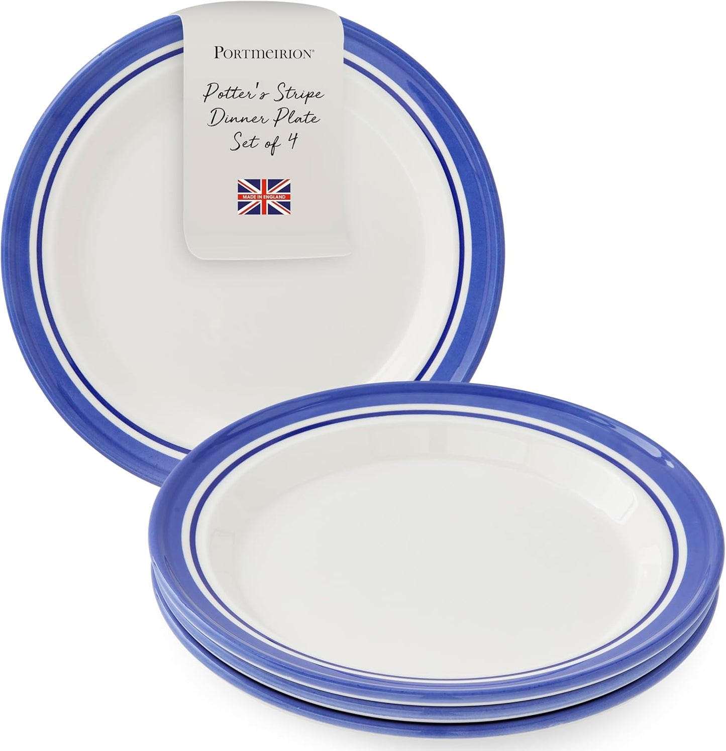 Portmeirion Potter's Stripe Dinner Plate (Set of 4) - 10.5" Earthenware Plates with Classic Striped Rim - Microwave, Dishwasher, Freezer, Oven Safe - Ideal Modern Dinnerware Set (Blue Stripe)