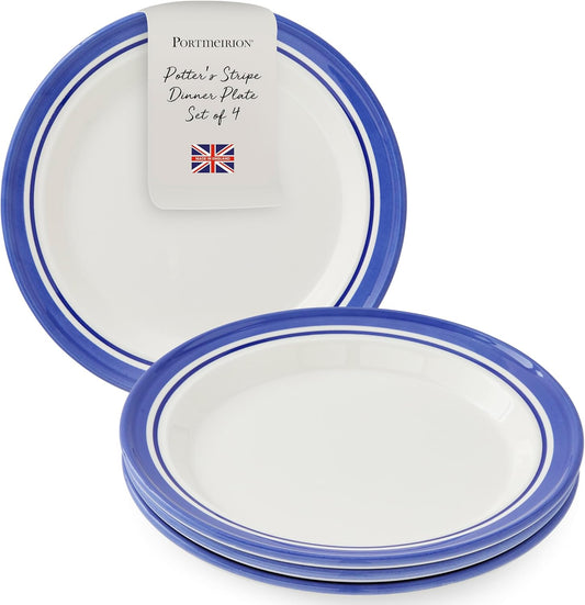 Portmeirion Potter's Stripe Dinner Plate (Set of 4) - 10.5" Earthenware Plates with Classic Striped Rim - Microwave, Dishwasher, Freezer, Oven Safe - Ideal Modern Dinnerware Set (Blue Stripe)