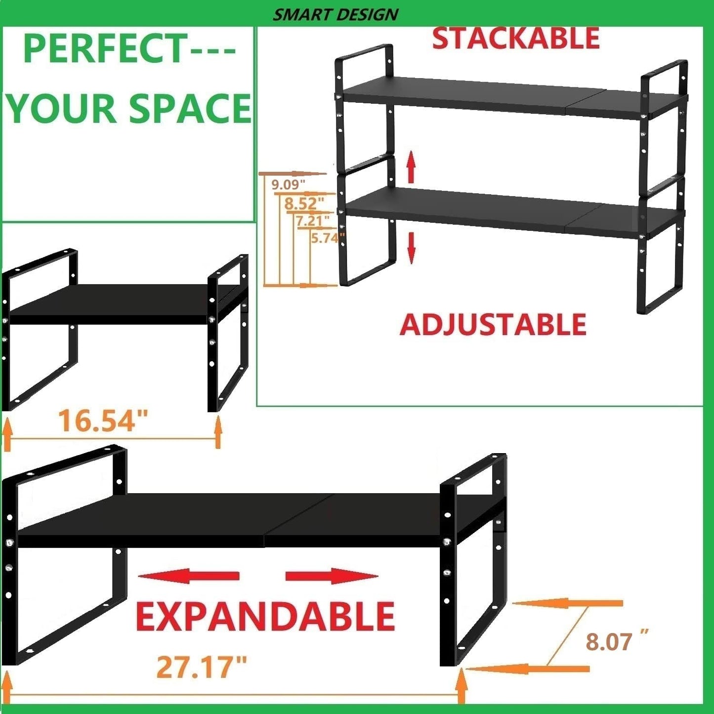 Expandable Stackable Spice Rack Cabinet Shelf Organizer in Cabinets Shelves Kitchen Cupboard Organization Stack up Racks Pantry Countertop Storage Medium/Black 3 Packs
