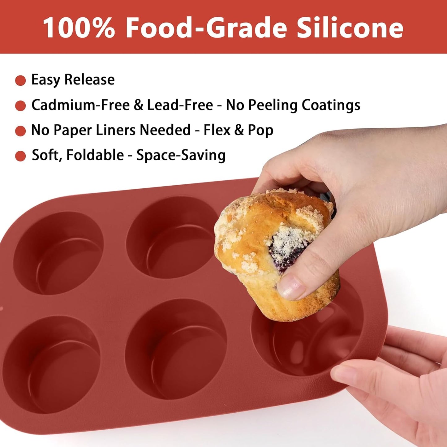 3-Pack 6-Cup Silicone Muffin Pans, Nonstick Cupcake Baking Molds, Muffin Cupcake Pans Molds for Baking, BPA/PFA-Free, Dishwasher & Oven Safe - Brown