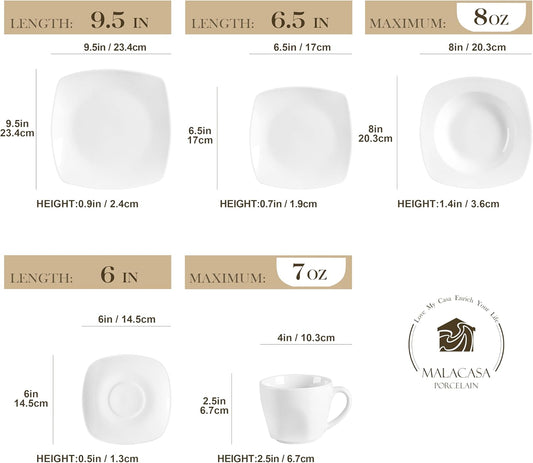 MALACASA Dinnerware Sets, 30-Piece Porcelain Gray White Dinnerware Set Microwave Safe, Square Dish Set with Plates and Bowls Sets, Mugs and Saucers Set for 6, Series Julia