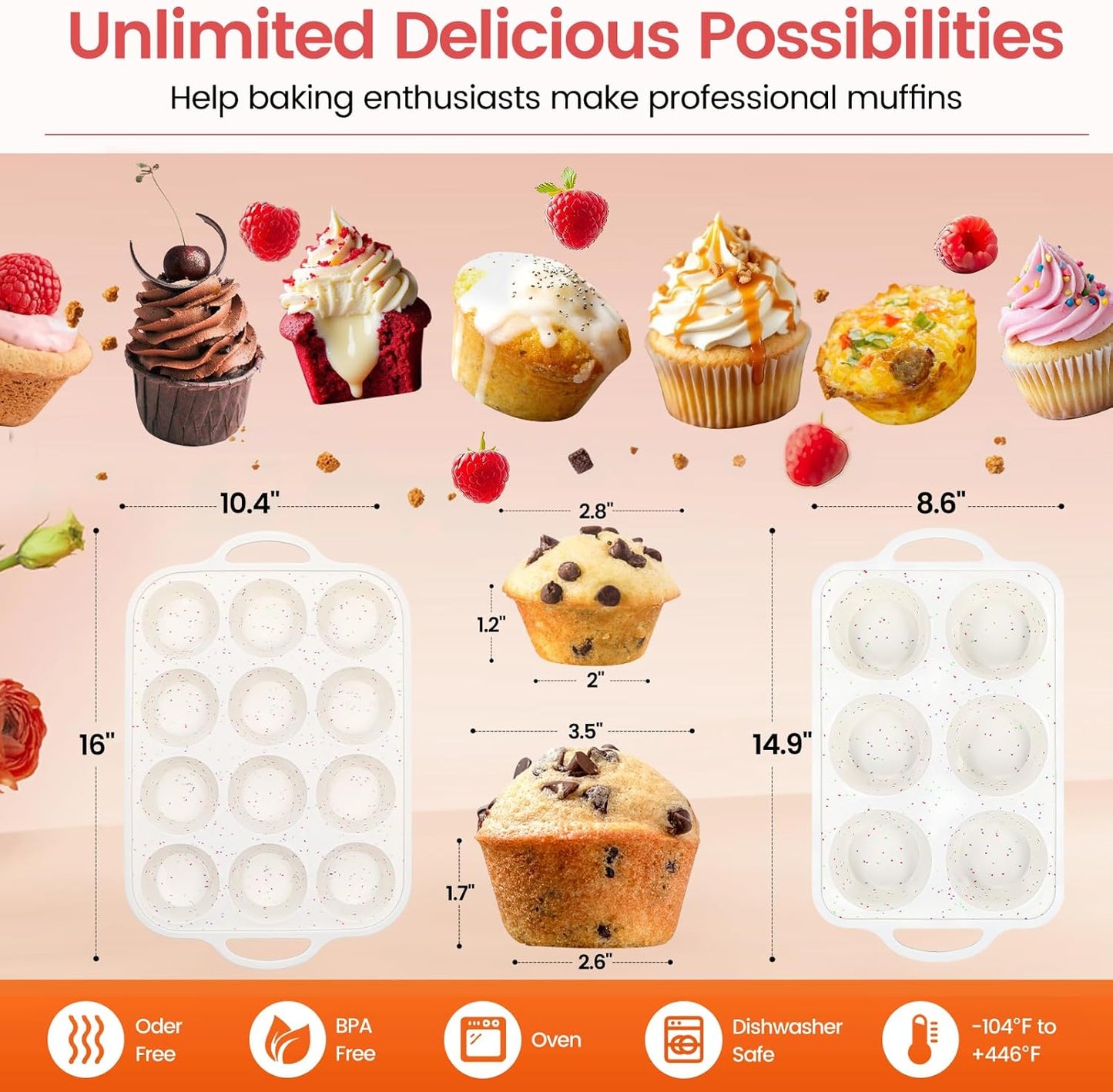 mary Silicone Muffin Pan with Metal Reinforced Frame - Mini Muffin Pan for Homemade Muffins, Cupcakes, and Bread, Oven and Dishwasher Safe - Set of 2, 6-Cup and 12-Cup