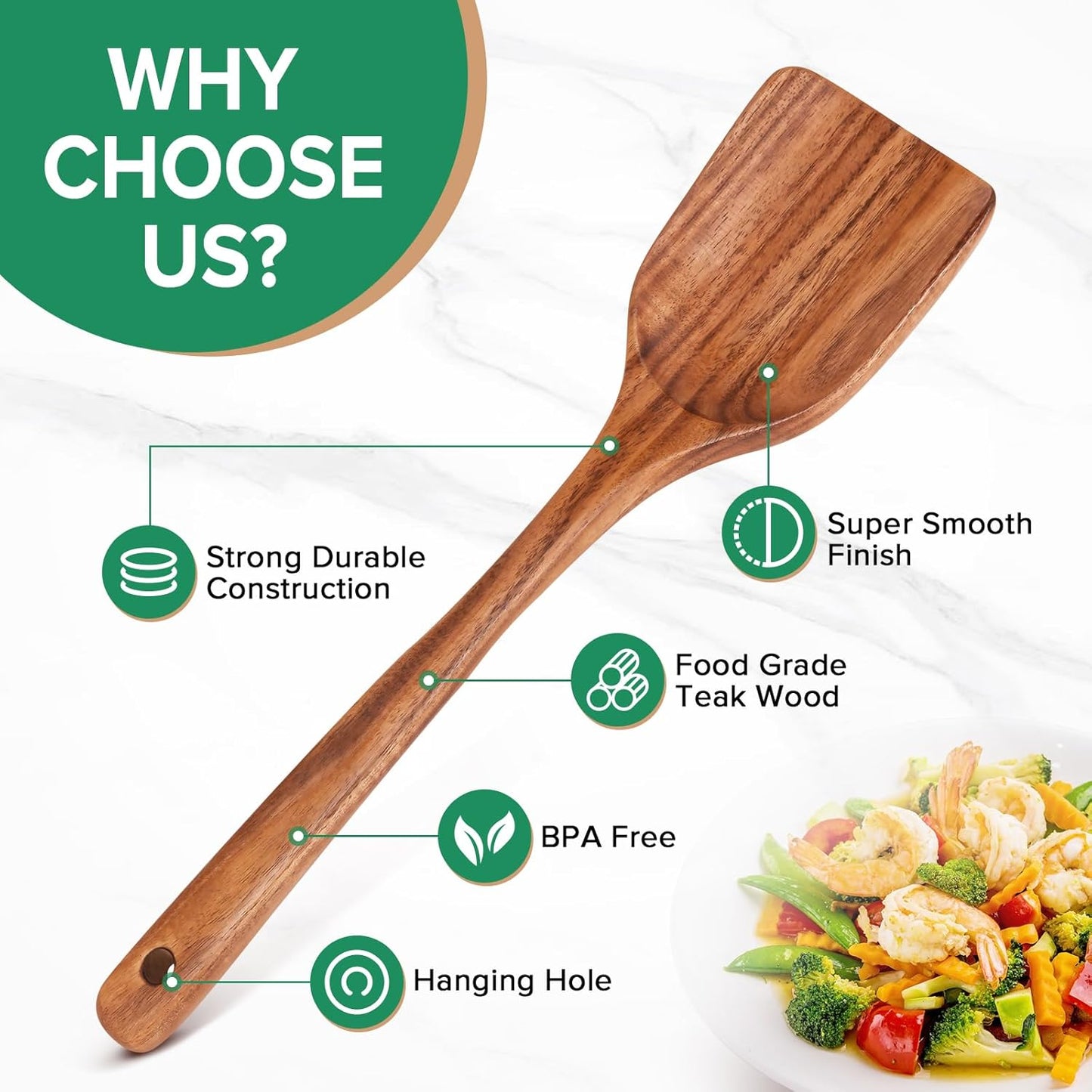 Teak Wood Spatula for Cooking, Wooden Kitchen Cooking Utensil, Large Long Handle Solid Wok Spatula Flipper with Raised Sides for Serving Scooping Frying Mixing Stirring Eggs Beans,Non-Toxic,13.4″,1Pk