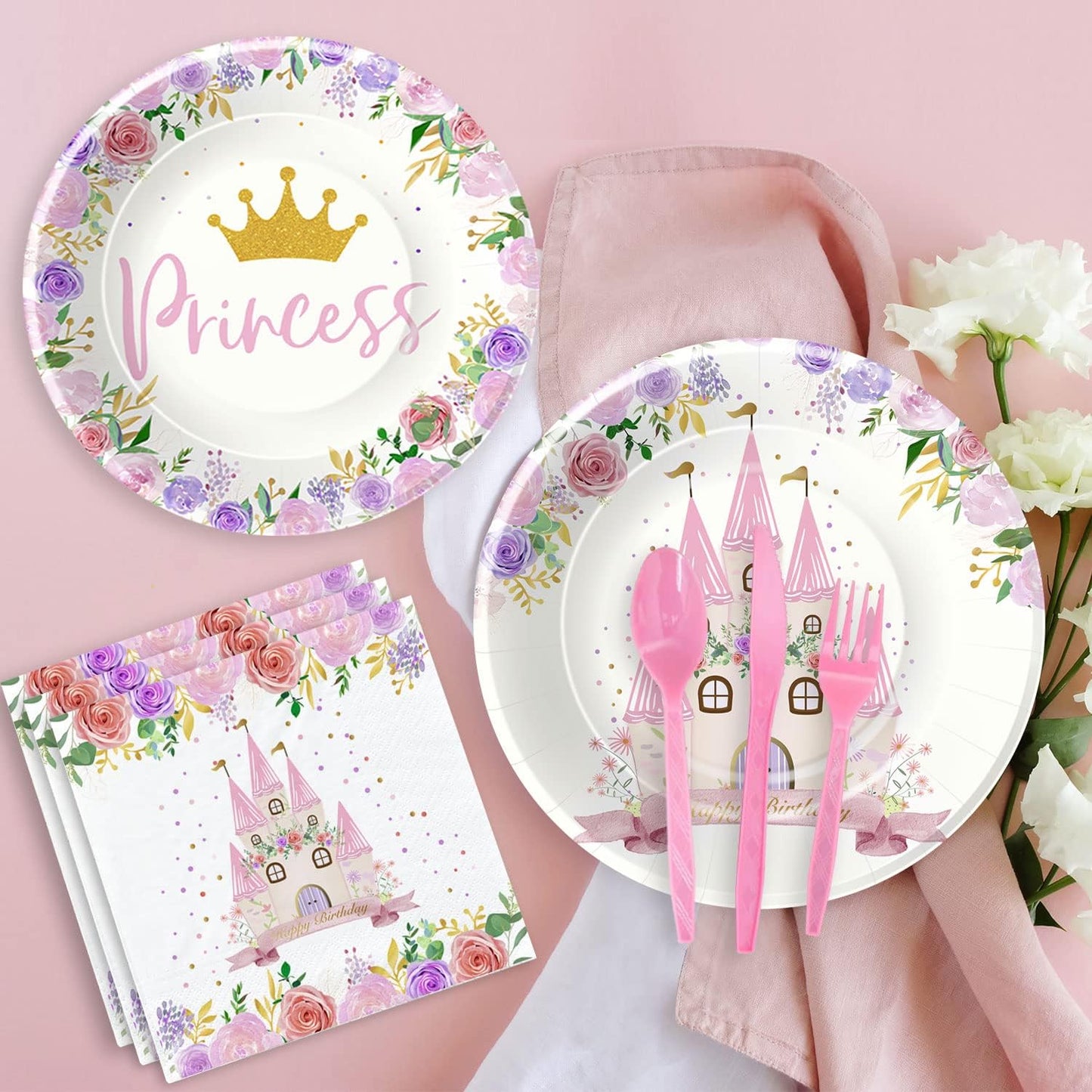 Princess Birthday Party Supplies Dinnerware, Princess Party Decorations Tableware for Birthday Baby Shower, Paper Plates and Napkins Set, Disposable Forks, Tablecloth | Serves 24