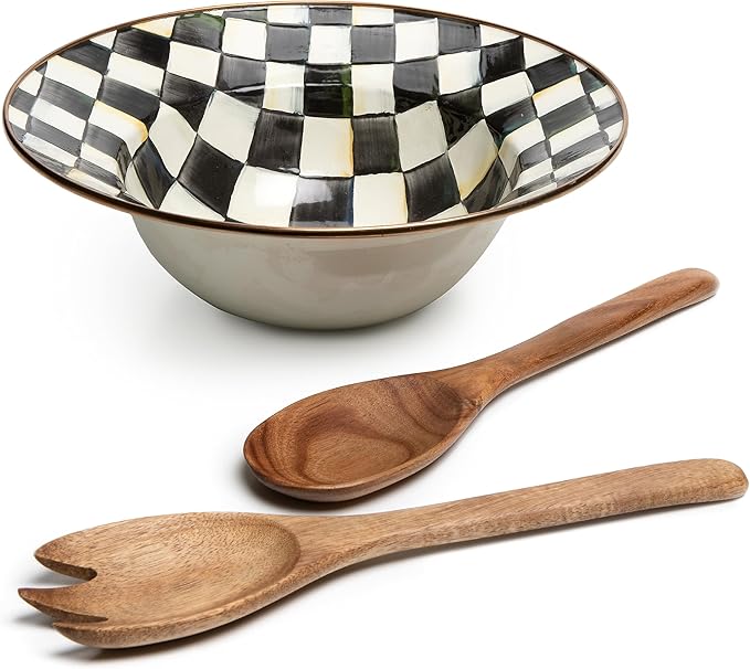 MACKENZIE-CHILDS Enamel Salad Serving Set, Enamel Bowl and Wooden Salad Servers, Decorative Kitchen Set, Black-and-White Courtly Check