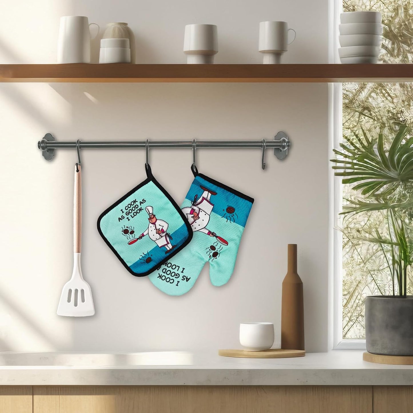 Funny Oven Mitts and Pot Holders（Set of 2） I Cook as Good as I Look Silicone Non-Slip Oven Mitts Heat Resistant Mitts with Hanging Loop Novelty Kitchen Gifts for Chef Cook Lover Man Friend