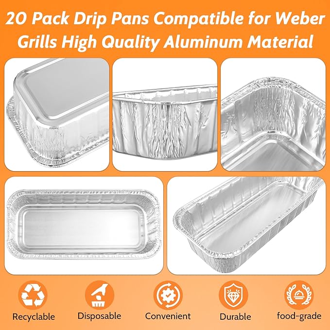 20 Pack Grill Drip Pans, Aluminum Foil Drip Pan Grease Catcher Cup Liner Compatible with Weber SmokeFire EX4/EX6/EPX6, Summit & Genesis II 400/600 Series, 11 x 5” Disposable Grill Grease Tray
