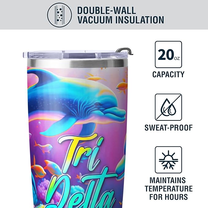 Tri Delta Sorority Paraphernalia - Official Vendor - 20 oz Stainless Steel Insulated Sublimation Tumblers - Underwater Dolphins