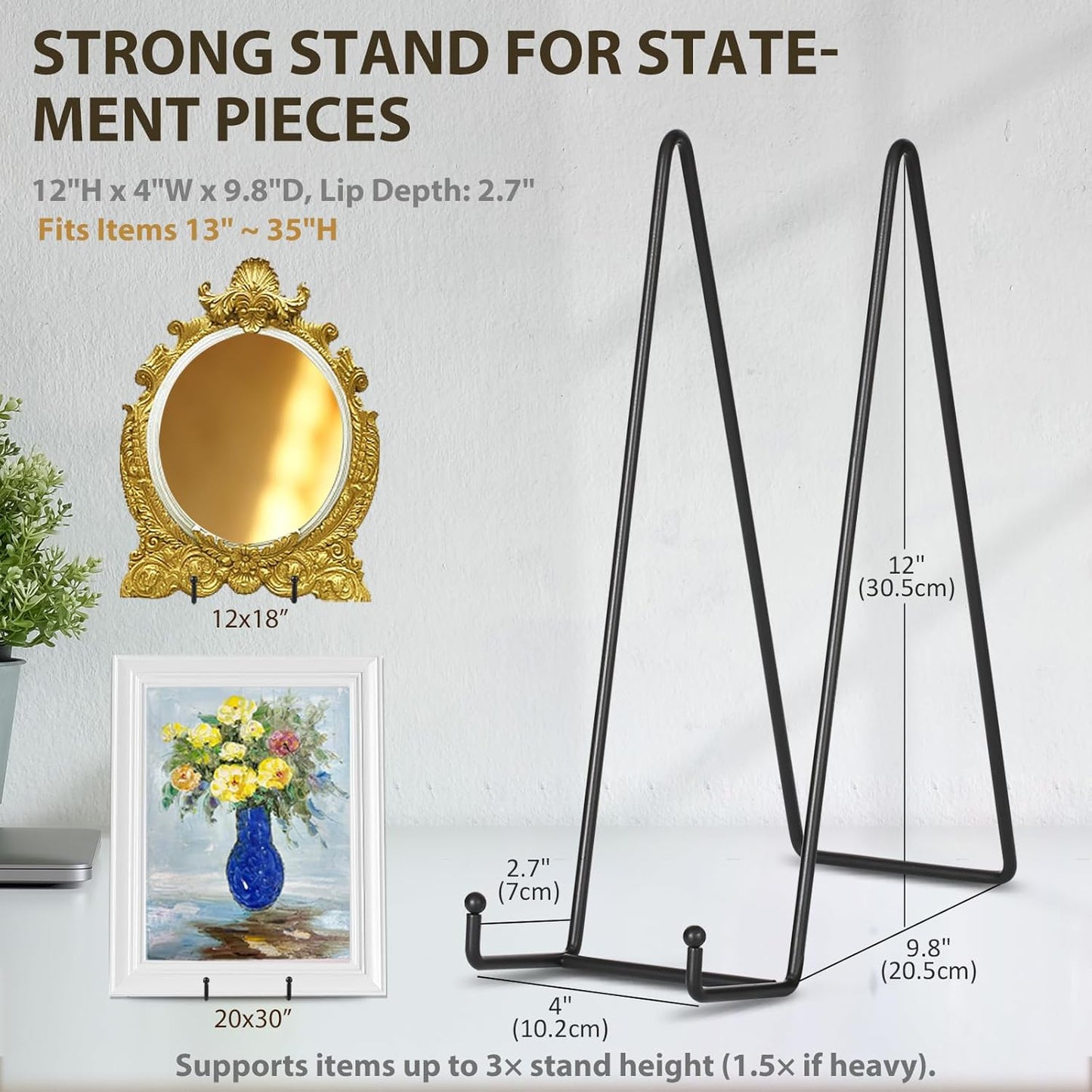 Plate Holder Large Display Stand - 2 Pack 12 Inch Oversized Plate Stands for Display Heavy Duty Artwork - Extra Big Metal Tabletop Easel for Decorative Platter | Picture Frame | Plaque | Book - Black