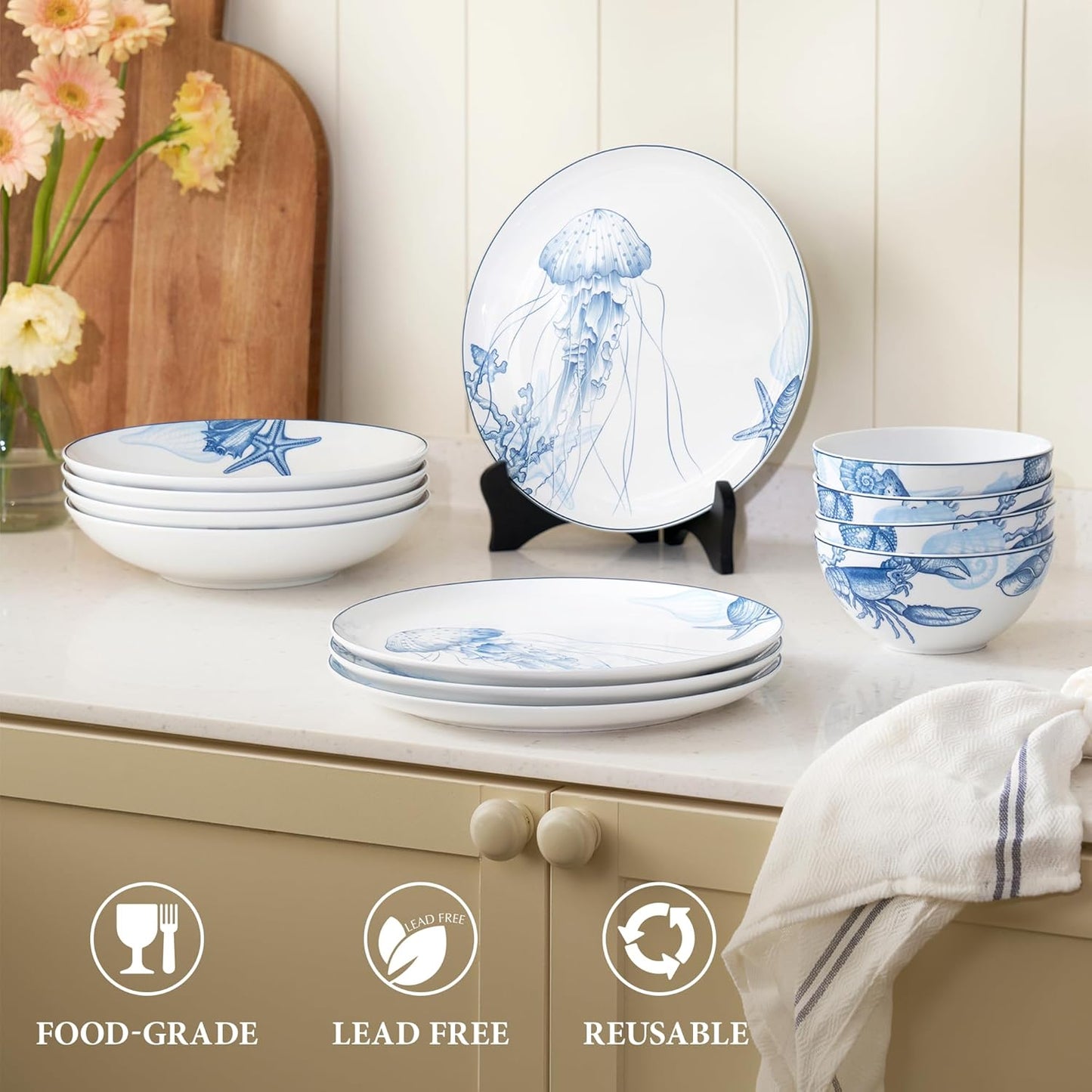 Minh Long 12-PCS Porcelain Coastal Dinnerware Set, Plates, Bowls, Service for 4, Chip & Scratch Resistant, Oven Safe up to 482°F, Non toxic, Lead & Cadmium Free, Stackable, Dishwasher & Microwave Safe