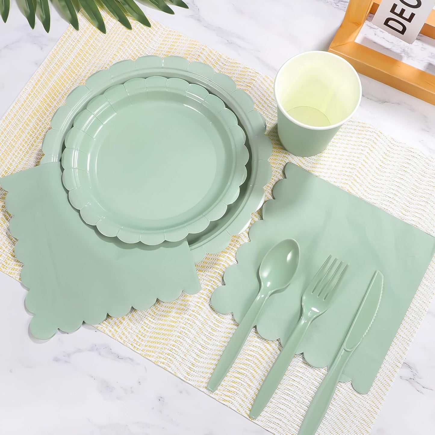 350 Pcs Sage Green Paper Plates and Napkins, Sage Green Party Supplies Include Green Scalloped Plate Paper Napkin Cup Plastic Cutlery for Baby Shower, Wedding, Birthday