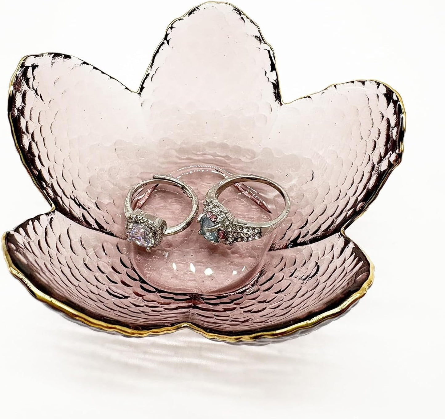 Small Pink Glass Jewelry Dish Tray, Bathroom Jewlery Tray, Flower Ring Dish Jewlry Plate, Crystal Engagement Jewerly Ring Holder for Women, Nightstand Decor Trinket Jewelry Bowl Gift for Mom