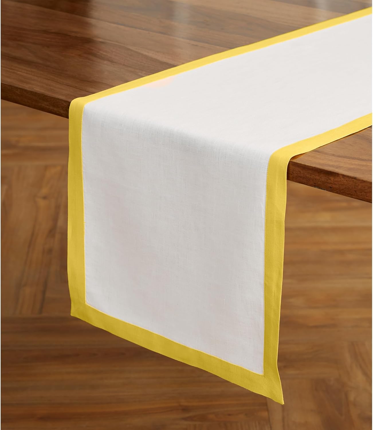 Solino Home Linen Table Runner 108 Inches Long - 100% Pure Linen Sunshine Yellow and White Dining Table Runner 14 x 108 Inch - Classic