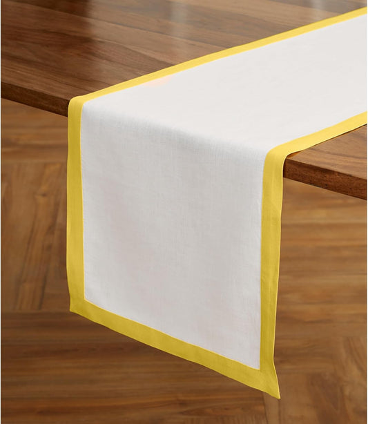 Solino Home Linen Table Runner 90 Inches Long - 100% Pure Linen Sunshine Yellow and White Dining Table Runner 14 x 90 Inch - Classic
