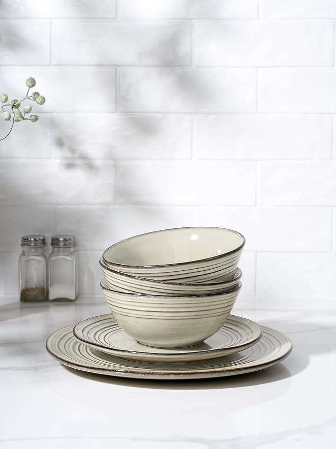 Famiware Plates and Bowls Sets 24-Piece Stoneware Dinnerware Sets, Dishes Set for 8, Hand-made Reactive Glaze Dish Set, Twilight Series, Terre-verte